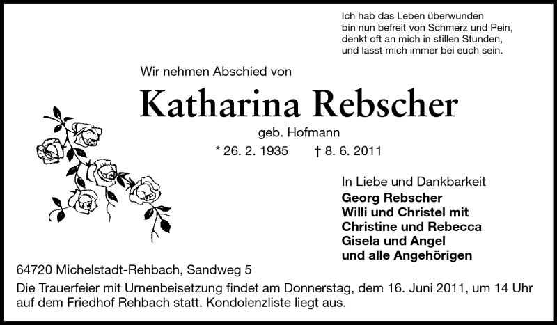  Traueranzeige für Katharina Rebscher vom 11.06.2011 aus Odenwälder Echo
