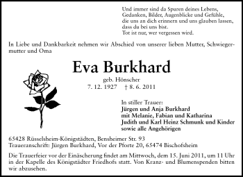 Traueranzeige von Eva Burkhard von Rüsselsheimer Echo, Groß-Gerauer-Echo, Ried Echo