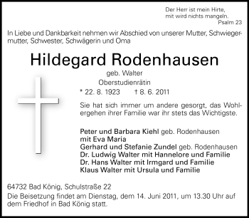 Traueranzeige von Hildegard Rodenhausen von Odenwälder Echo