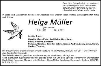 Traueranzeige von Helga Müller von Echo-Zeitungen (Gesamtausgabe)