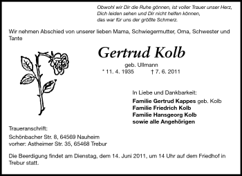Traueranzeige von Gertrud Kolb von Rüsselsheimer Echo, Groß-Gerauer-Echo, Ried Echo