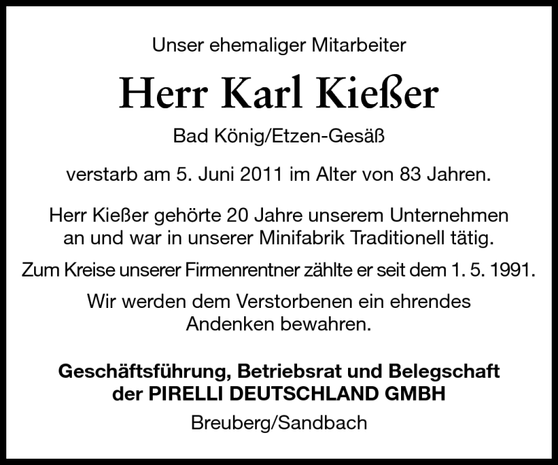  Traueranzeige für Karl Kießer vom 11.06.2011 aus Odenwälder Echo