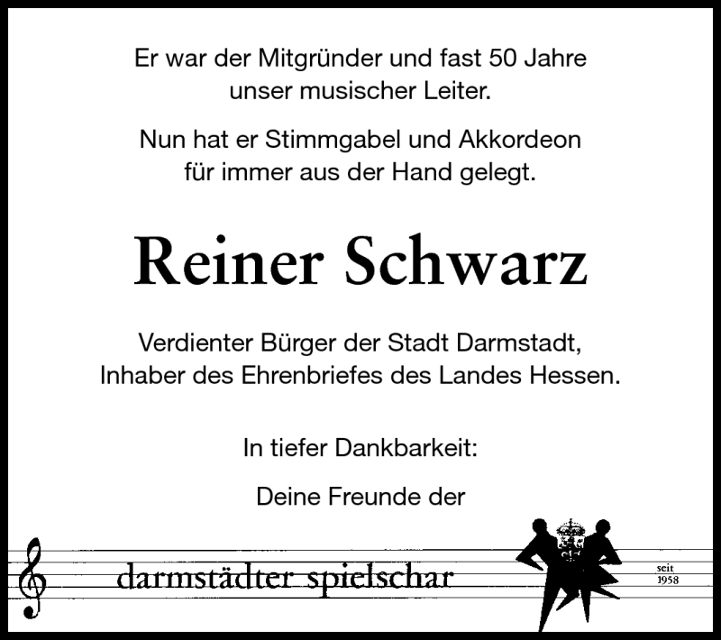  Traueranzeige für Reiner Schwarz vom 11.06.2011 aus Darmstädter Echo, Odenwälder Echo, Rüsselsheimer Echo, Groß-Gerauer-Echo, Ried Echo