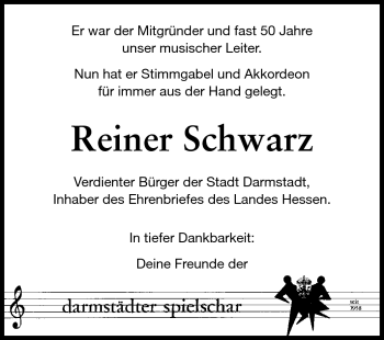 Traueranzeige von Reiner Schwarz von Darmstädter Echo, Odenwälder Echo, Rüsselsheimer Echo, Groß-Gerauer-Echo, Ried Echo