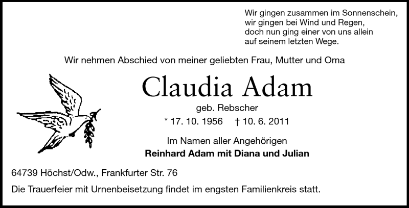  Traueranzeige für Claudia Adam vom 11.06.2011 aus Odenwälder Echo