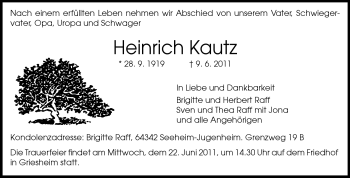 Traueranzeige von Heinrich Kautz von Darmstädter Echo, Odenwälder Echo, Rüsselsheimer Echo, Groß-Gerauer-Echo, Ried Echo