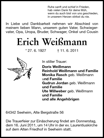 Traueranzeige von Erich Weißmann von Echo-Zeitungen (Gesamtausgabe)