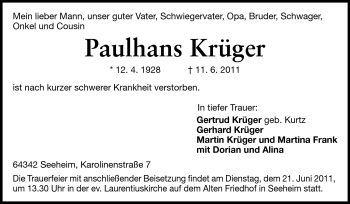 Traueranzeige von Paulhans Krüger von Echo-Zeitungen (Gesamtausgabe)