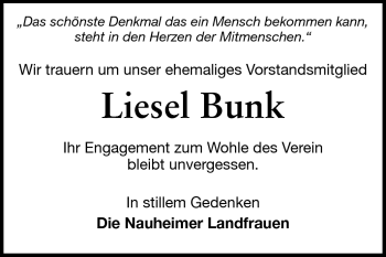 Traueranzeige von Liesel Bunk von Rüsselsheimer Echo, Groß-Gerauer-Echo, Ried Echo