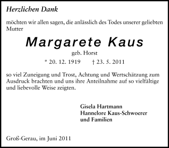 Traueranzeige von Margarete Kaus von Rüsselsheimer Echo, Groß-Gerauer-Echo, Ried Echo