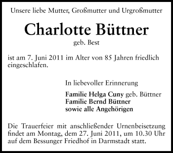 Traueranzeige von Charlotte Büttner von Darmstädter Echo, Odenwälder Echo, Rüsselsheimer Echo, Groß-Gerauer-Echo, Ried Echo