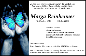 Traueranzeige von Marga Reinheimer von Rüsselsheimer Echo, Groß-Gerauer-Echo, Ried Echo