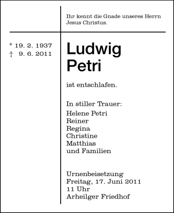 Traueranzeige von Ludwig Petri von Echo-Zeitungen (Gesamtausgabe)