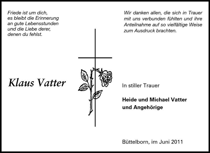 Traueranzeige für Klaus Vatter vom 16.06.2011 aus Rüsselsheimer Echo, Groß-Gerauer-Echo, Ried Echo