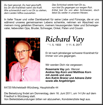 Traueranzeige von Richard Vay von Odenwälder Echo
