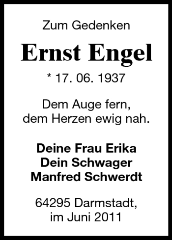 Traueranzeige von Ernst Engel von Darmstädter Echo, Odenwälder Echo, Rüsselsheimer Echo, Groß-Gerauer-Echo, Ried Echo