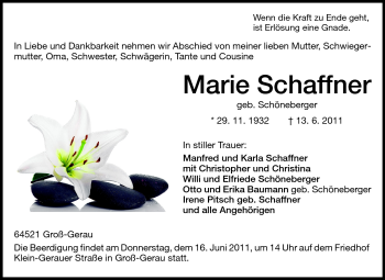 Traueranzeige von Marie Schaffner von Rüsselsheimer Echo, Groß-Gerauer-Echo, Ried Echo