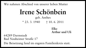 Traueranzeige von Irene Schönbein von Echo-Zeitungen (Gesamtausgabe)