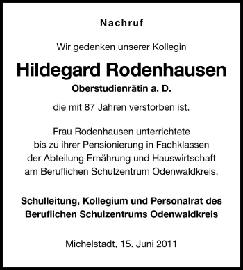 Traueranzeige von Hildegard Rodenhausen von Odenwälder Echo