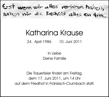 Traueranzeige von Katharina Krause von Echo-Zeitungen (Gesamtausgabe)