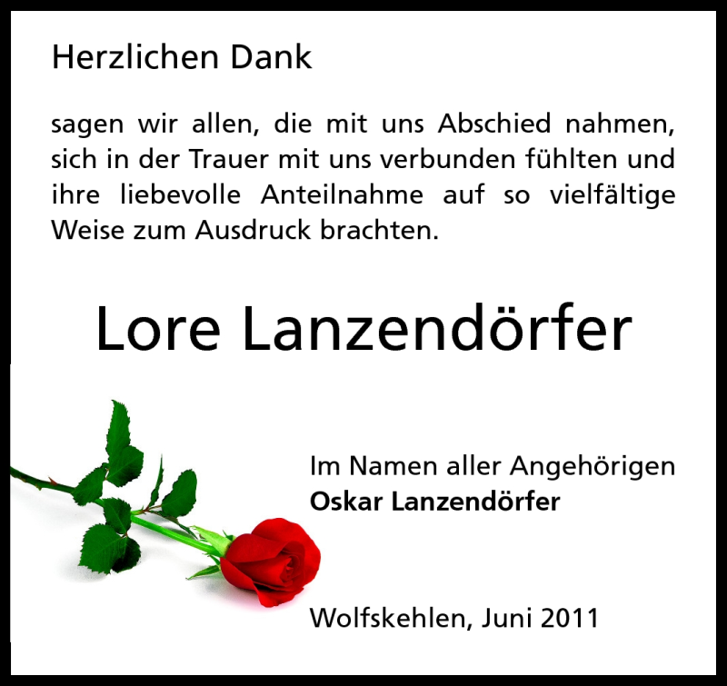  Traueranzeige für Lore Lanzendörfer vom 18.06.2011 aus Rüsselsheimer Echo, Groß-Gerauer-Echo, Ried Echo