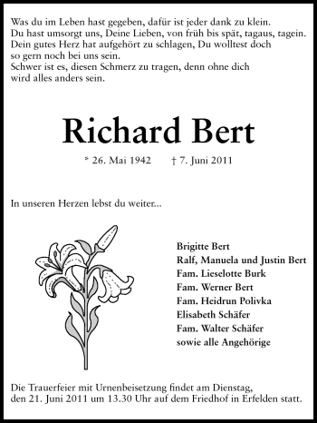 Traueranzeige von Richard Bert von Rüsselsheimer Echo, Groß-Gerauer-Echo, Ried Echo
