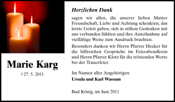 Traueranzeige von Marie Karg von Odenwälder Echo