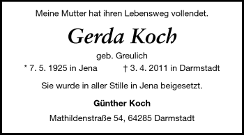 Traueranzeige von Gerda Koch von Darmstädter Echo, Odenwälder Echo, Rüsselsheimer Echo, Groß-Gerauer-Echo, Ried Echo