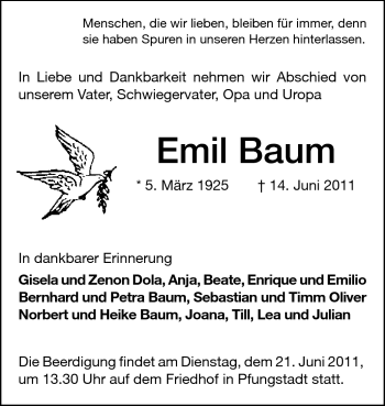 Traueranzeige von Emil Baum von Echo-Zeitungen (Gesamtausgabe)
