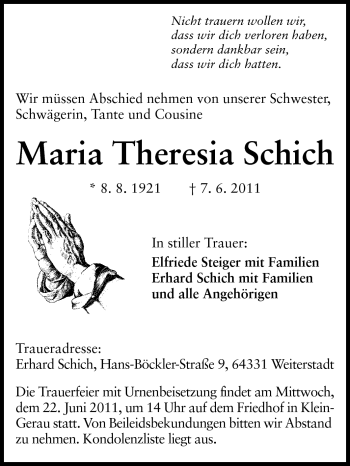 Traueranzeige von Maria Theresia Schich von Darmstädter Echo, Odenwälder Echo, Rüsselsheimer Echo, Groß-Gerauer-Echo, Ried Echo