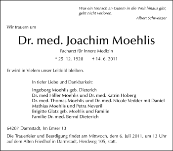 Traueranzeige von Joachim Moehlis von Echo-Zeitungen (Gesamtausgabe)