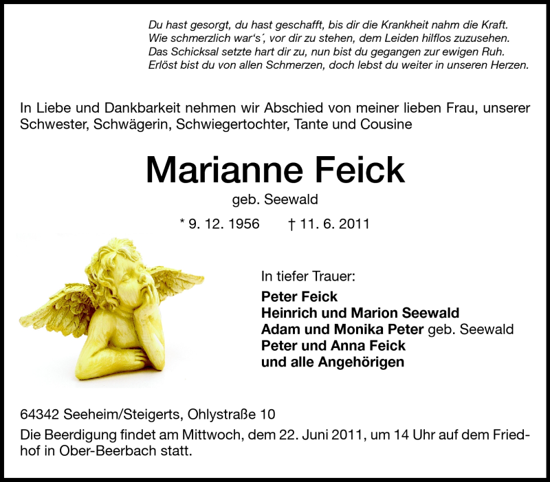  Traueranzeige für Marianne Feick vom 18.06.2011 aus Echo-Zeitungen (Gesamtausgabe)