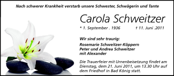 Traueranzeige von Carola Schweitzer von Odenwälder Echo