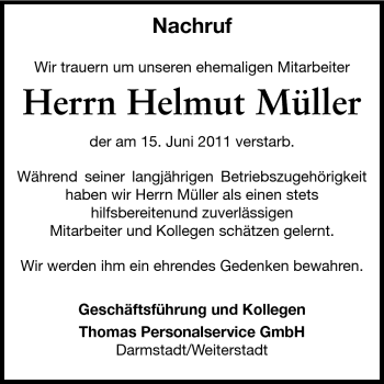 Traueranzeige von Helmut Müller von Echo-Zeitungen (Gesamtausgabe)