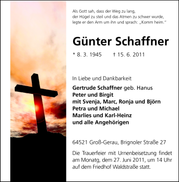 Traueranzeige von Günter Schaffner von Rüsselsheimer Echo, Groß-Gerauer-Echo, Ried Echo