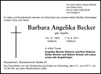 Traueranzeige von Barbara Angelika Becker von Rüsselsheimer Echo, Groß-Gerauer-Echo, Ried Echo