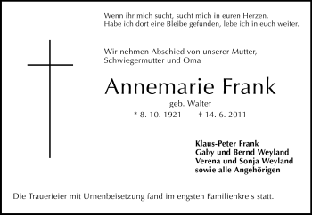 Traueranzeige von Annemarie Frank von Darmstädter Echo, Odenwälder Echo, Rüsselsheimer Echo, Groß-Gerauer-Echo, Ried Echo