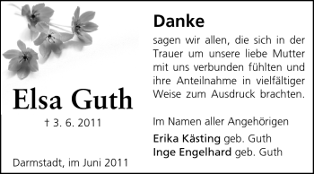 Traueranzeige von Elsa Guth von Darmstädter Echo, Odenwälder Echo, Rüsselsheimer Echo, Groß-Gerauer-Echo, Ried Echo