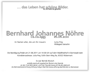 Traueranzeige von Bernhard Johannes Nöhre  von Echo-Zeitungen (Gesamtausgabe)
