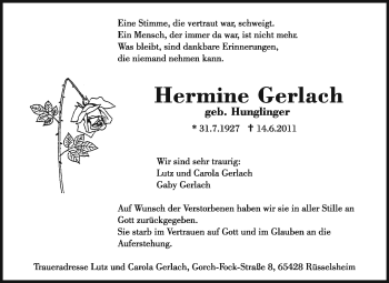 Traueranzeige von Hermine Gerlach von Rüsselsheimer Echo, Groß-Gerauer-Echo, Ried Echo
