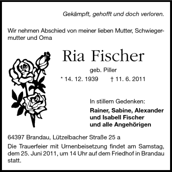 Traueranzeige von Ria Fischer von Darmstädter Echo, Odenwälder Echo, Rüsselsheimer Echo, Groß-Gerauer-Echo, Ried Echo