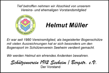 Traueranzeige von Helmut Müller von Echo-Zeitungen (Gesamtausgabe)