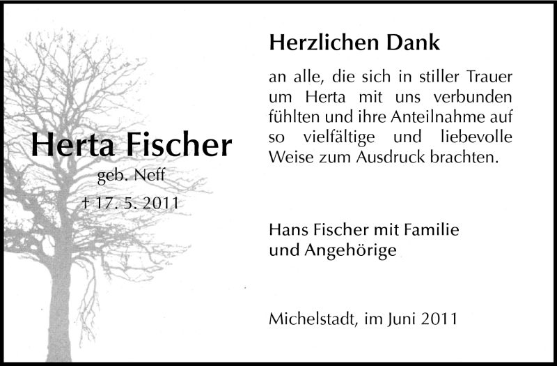  Traueranzeige für Herta Fischer vom 25.06.2011 aus Odenwälder Echo