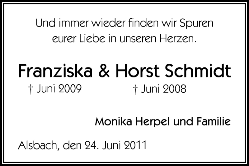  Traueranzeige für Franziska und Horst Schmidt vom 24.06.2011 aus Echo-Zeitungen (Gesamtausgabe)
