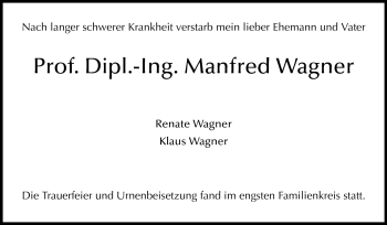 Traueranzeige von Manfred Wagner von Darmstädter Echo, Odenwälder Echo, Rüsselsheimer Echo, Groß-Gerauer-Echo, Ried Echo