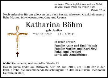 Traueranzeige von Katharina Böhm von Rüsselsheimer Echo, Groß-Gerauer-Echo, Ried Echo