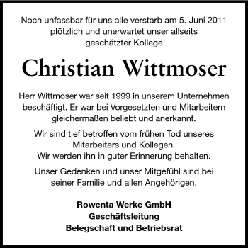 Traueranzeige von Christian Wittmoser von Odenwälder Echo