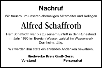 Traueranzeige von Alfred Schaffroth von Rüsselsheimer Echo, Groß-Gerauer-Echo, Ried Echo