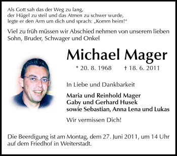 Traueranzeige von Michael Mager von Darmstädter Echo, Odenwälder Echo, Rüsselsheimer Echo, Groß-Gerauer-Echo, Ried Echo