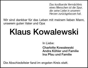 Traueranzeige von Klaus Kowalewski von Echo-Zeitungen (Gesamtausgabe)